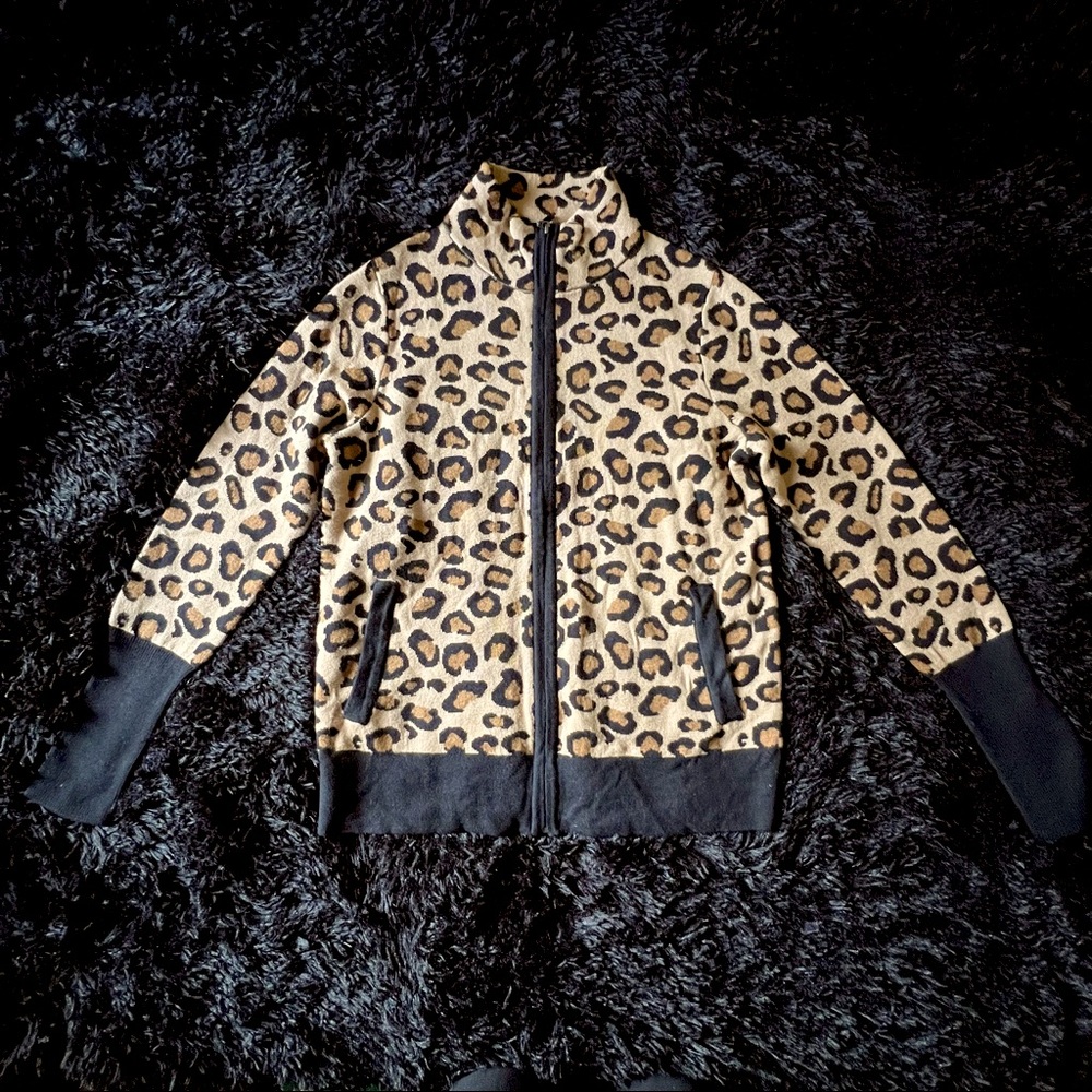 Rachel Zoe Leopard Animal Print Zip-Up Sweater